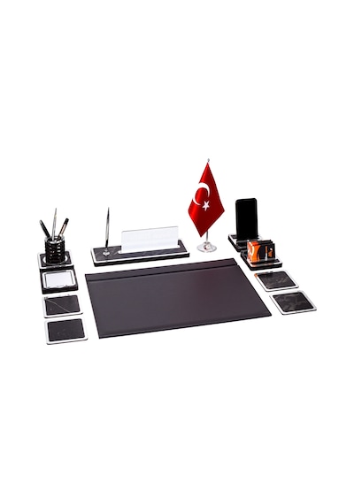 11 Parça Türk Bayraklı Mermer Desen Ahşap Sümen Takımı Masa İsimliği Deri Sümen Seti - Gümüş