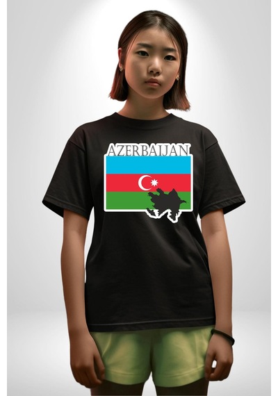 Azerbeycan Bayrak Ülke Pamuklu Bisiklet Yaka Unisex Oversize Boyfriend Dijital Baskılı Siyah T-shirt Siyah