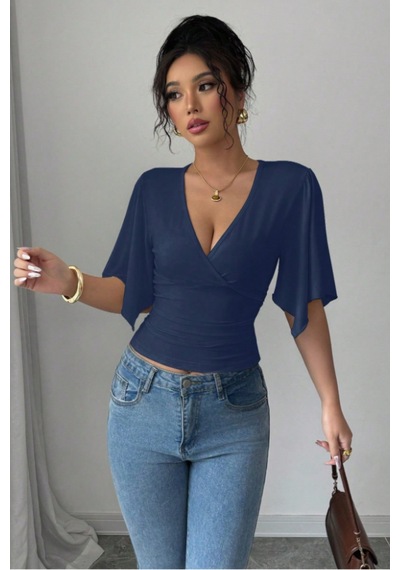 Kadın Kruvaze Yaka Yarasa Kol Likralı Şık T-shirt Lacivert