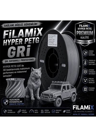 Filamix Hyper Petg Gri Filament 1.75mm 1kg Plastik Makara Hızlı