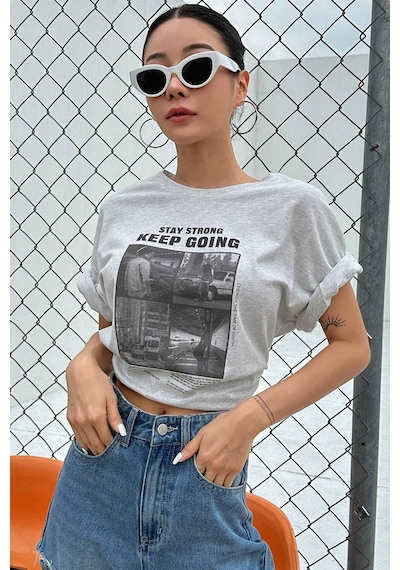 Unisex Keepgoing Baskılı Tasarım Tshirt Gri