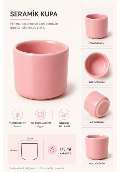 Pembe Seramik Kupa 175 Ml Minimal Kahve Kupası Çay Fincanı Espresso Ve Türk Kahvesi Bardağı Pembe - 902348304 Pembe