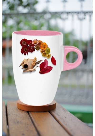 Romantik Sonbahar Baskılı Kupa Bardak Porselen Latte Filtre Kahve Fincanı Pembe