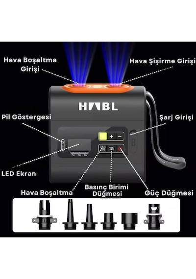 Habl Şarjlı Dijital Şişirme Pompası Çadır/paddle Board/şişme Yatak Vb 22psı 1.5 Bar Siyah Turuncu