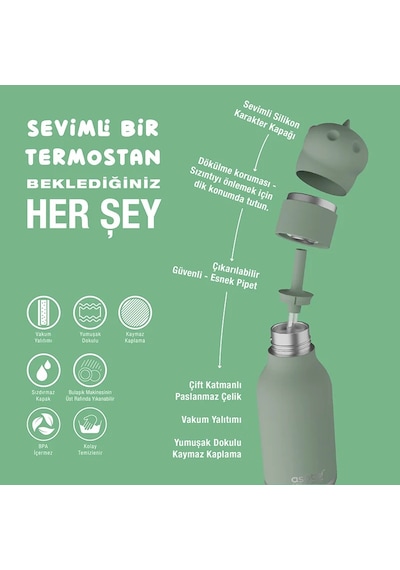 Asobu Bestie Bottle - Dinosaur Yalıtımlı Paslanmaz Çelik Su Şişesi, Pipetli, 460ml Çok Renkli