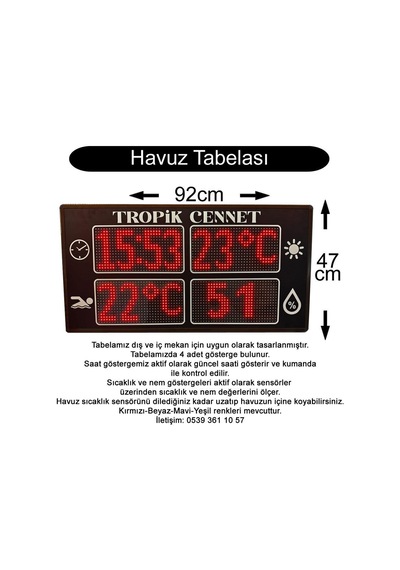 Sanec Dijital Havuz Bilgilendirme Tabelası - Saat Derece Nem Ve Havuz Sıcaklık Göstergesi 92x47 Cm