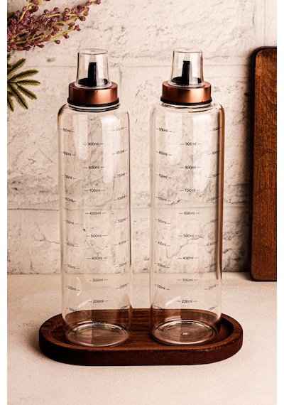 Bottle - 3 Parça Ahşap Standlı Damlatmaz 1 Lt Cam Yağdanlık Borosilikat Yağlık Sirkelik 1000ml SNPBOTTLEBKR3