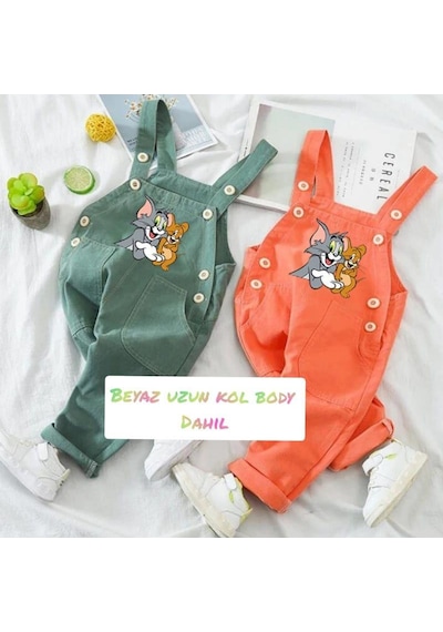 MODAVALS TOM & JERRY NAKIŞLI UNISEX KARDEŞ KOMBİN BAHÇIVAN TULUM & SWEAT SET - TURUNCU