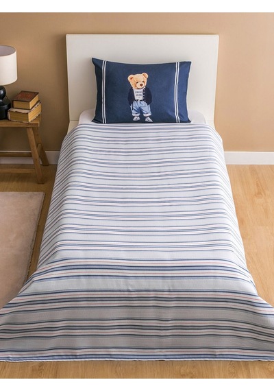Lacivert Ayıcık Teddy Baskılı %100 Pamuklu Tek Kişilik Pike Seti 160 X 220 Cm Lacivert