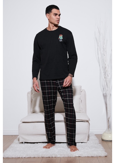 Buratti Ekoseli Regular Fit Yüksek Bel Cepli Bisiklet Yaka Erkek Pijama Takımı 6574002 Siyah-Siyah