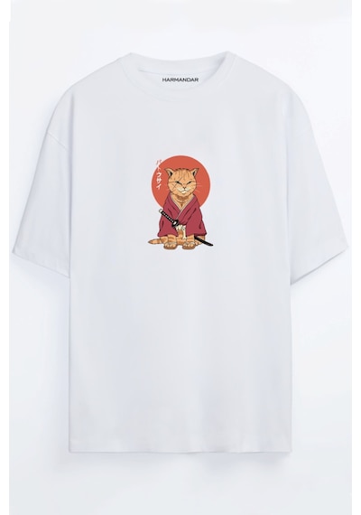 Anime Samuray Kedi Baskılı Unisex Siyah - Beyaz Oversize T-shirt Beyaz