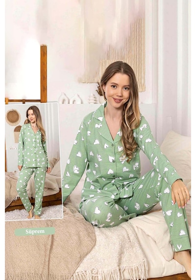 Remsa Kadın Kalp Desen Düğmeli Suprem Pijama Takımı 0381 Yeşil Yeşil