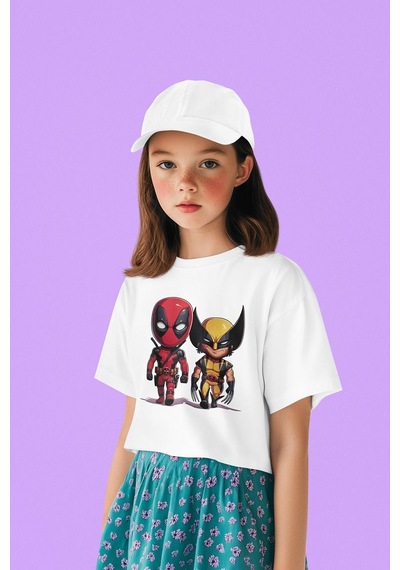 Sevbano Deadpool Wolverine Baskılı Unisex Kahramanlar Film Çocuk Tişört Beyaz