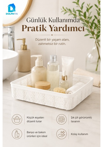Jute Çok Amaçlı Sepet 5 L Mutfak Banyo Dolap İçi Saklama Düzenleyici Organizer 34x26x6,5 Cm beyaz