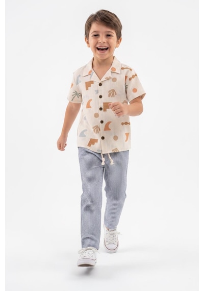 Miababy Baskılı Müslin Gömlek Pantolon 2li Takım İndigo