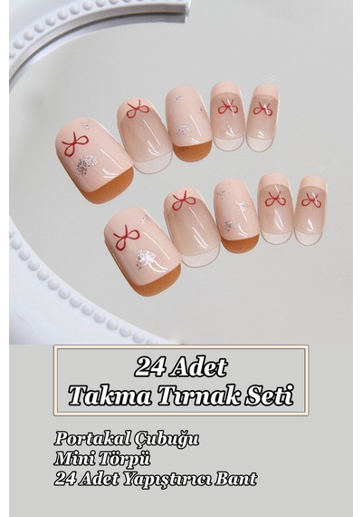 Kısa French Takma Tırnak 24 Adet Takma Tırnak Seti Yıldız Desenli Tırnak R852 Simli Yıldız