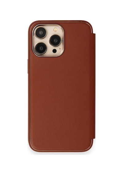 Apple Uyumlu iPhone 14 Pro Max Kapaklı Kılıf Parmak Izi Bırakmaz Dışı Deri Içi Süet Tasarım Kahverengi