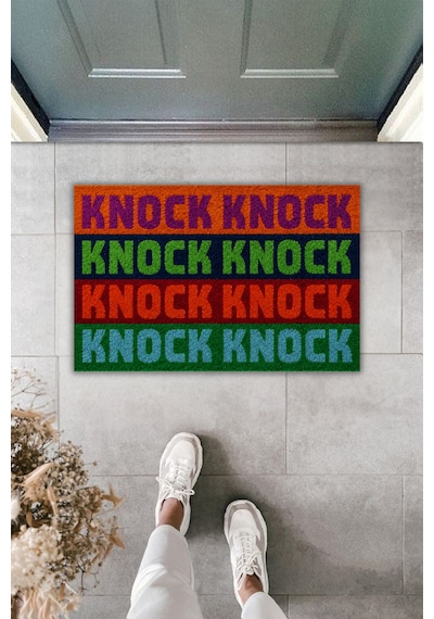 Rugmood Renkli Knock Yazılı Modern Kapı Önü Paspası Pop Art Dijital Baskılı Kaymaz Taban Paspas Çok Renkli