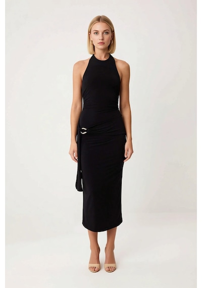 Benerly Kadın Halter Yaka Bodycon Midi Elbise %100 Polyester Kolsuz Astar Siyah