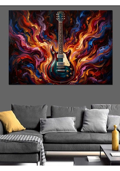 Alevler İçinde Elektro Gitar Sanatı Dekoratif Kanvas - Mdf Ahşap Tablo