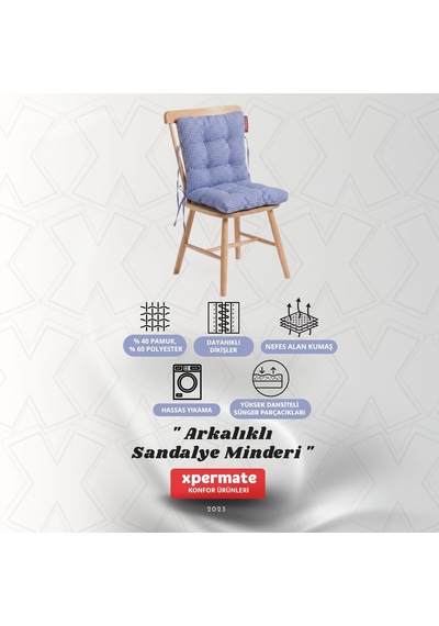 Pötikare Arkalıklı Sandalye Minderi Bağcıklı Mutfak Balkon Bahçe Minderi Mavi