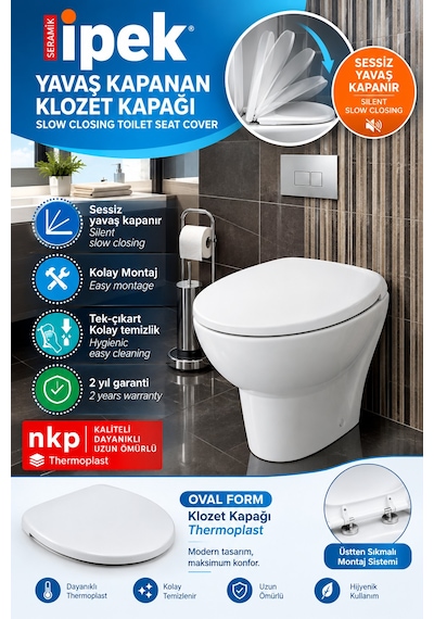 İpek Klozet Kapağı Yavaş Kapanır Oval Form Termoplast Klozet Kapağı Beyaz