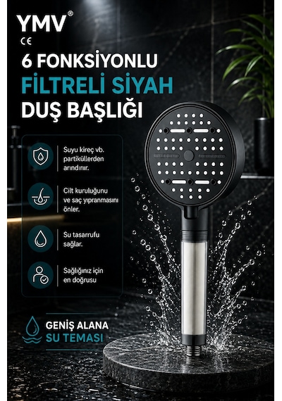 Ymv 6 Fonksiyonlu Filtreli Duş Başlığı Masajlı Basınçlı Su Akışlı Kireç Pas Tortu Filtreli El Duşu Krom