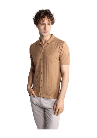 Vizon Slim Fit Dar Kalıp Düğmeli Polo Yaka Desenli Kısa Kollu Triko Tişört-16322 Bej
