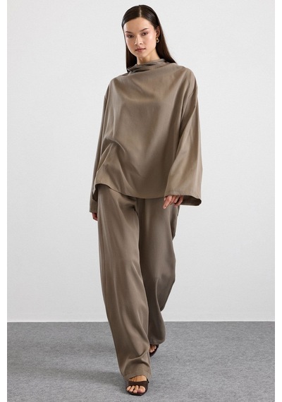 Olcay Degaje Yaka Oversize Pantolon Bluz İkili Takım Haki 9483-tk