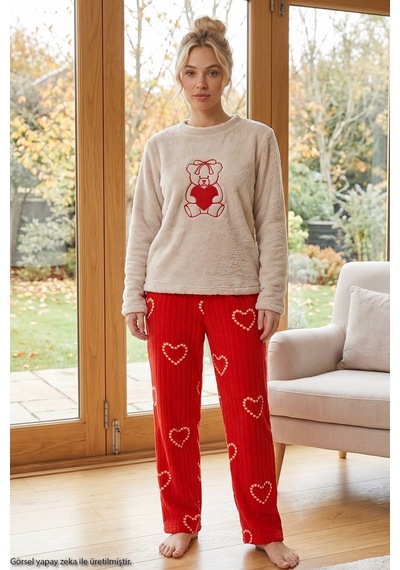 Siyah İnci Krem Nakışlı Üst Wellsoft Alt Polar Kışlık Örme Pijama Takım 26221708