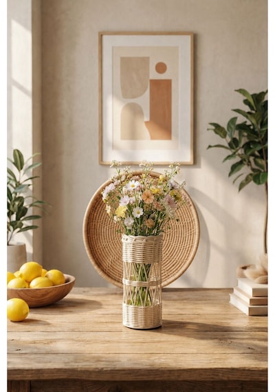 Rattan Kaplı Vazo El Örgüsü Hasır Çiçek Vazo Krem