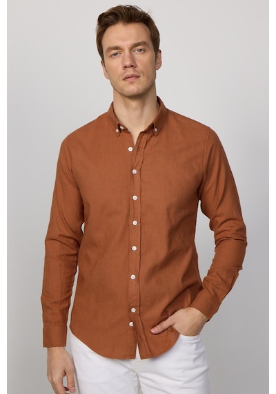 Tudors Slim Fit Uzun Kol Biyeli Yaka Düğmeli Keten Kiremit Erkek Gömlek-28748-kiremit Kiremit