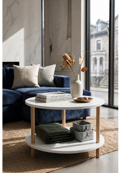 Oval Modern Kolay Kurulum İki Katlı Yuvarlak Orta Sehpa Raflı Şık Dayanıklı Beyaz
