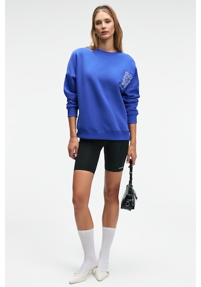 Grımelange AUDRA Kadın Oversize Yuvarlak Yaka Nakış Detaylı Mavi Sweatshirt