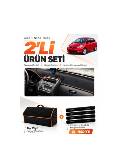 Honda Jazz 2002-2008 Uyumlu Torpido Örtüsü + Tay Tüyü Bagaj Çantası + Sticker - Siyah Kahverengi