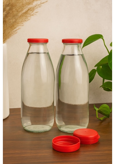 Rotanev 2 Adet 1 Litre Şeffaf Sürahi Süt, Ayran, Su, Limonata, Meşrubat Şişesi Plastik Kapaklı Cam Şişe