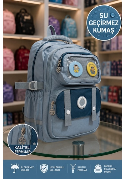 6 Bölümlü İçi Full Astarlı Su Geçirmez İlköğretim Çantası Beslenme+kalemlik Set 1 Adet Buz Mavisi