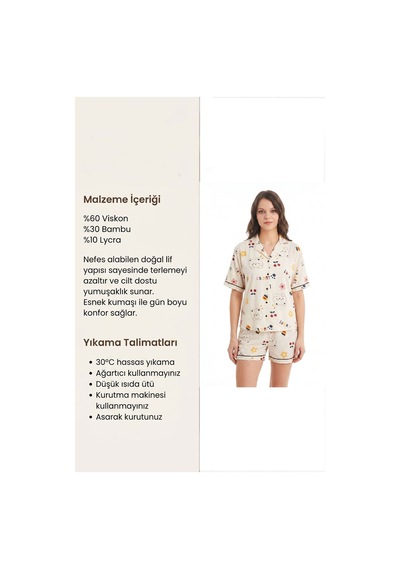 Hepsine Rakip Kadın Düğmeli Kısa Kollu Şortlu Pijama Takımı Cutebear 7518 Krem