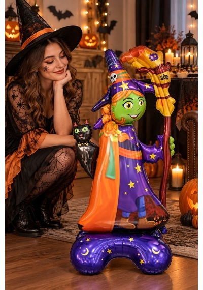 Halloween Cadılar Bayramı Ayaklı Süpürgeli Kedili Cadı Folyo Balon 65x45 Cm Mor Turuncu Oda Süsü Çok Renkli