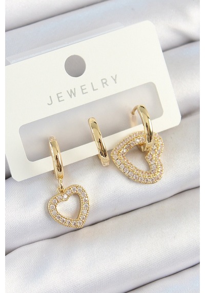 Pirinç Zirkon Taşlı Kalp Model Gold Renk 3'lü Çift Kadın Küpe Set Çok Renkli 07889244