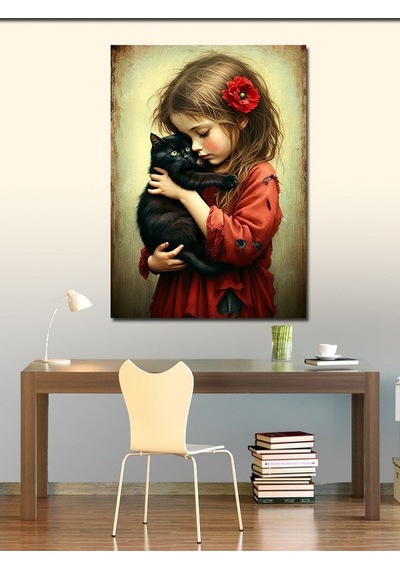 Kanvas Tablo Kedi Seven Küçük Kız 100cmx140cm