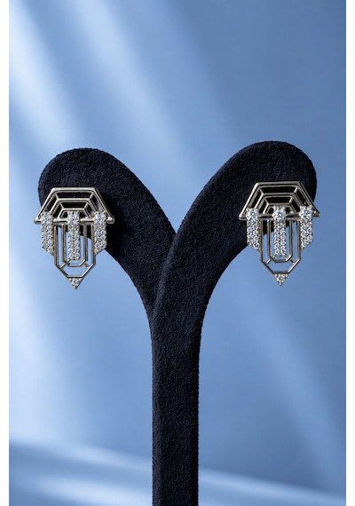 Sertifikalı 316l Çelik Zirkon Taşlı Geometrik Art Deco Premium Altın Kaplama Kadın Küpe