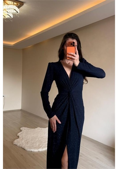 Neşeli Butik Kadın Mavi Bel Büzgü Detaylı Yırtmaçlı Midi Boy Abiye Elbise Nm027 Mavi
