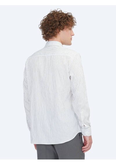Kip Beyaz Çizgili Regular Fit Uzun Dokuma Casual Gömlek