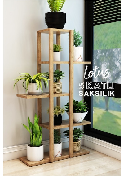 Lotus Atlantik Çam Ahşap 5 Katlı Çiçeklik, Saksılık, Çiçek Standı, Dekoratif Raf-çok Amaçlı Kullanım Çam - 630451522 Çam