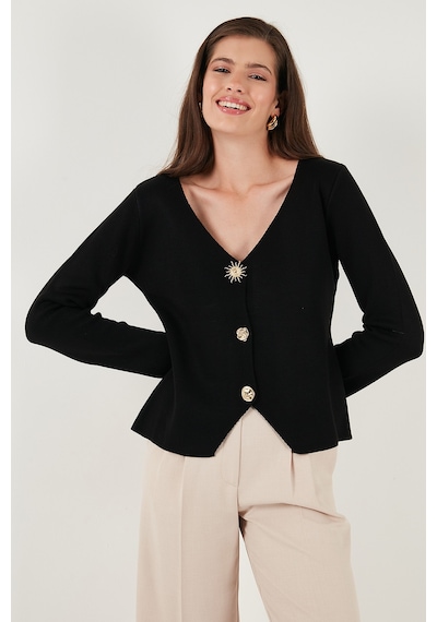 Lela Premium Regular Fit V Yaka Düğmeli Triko Bayan Hırka 680Hi00121 Siyah