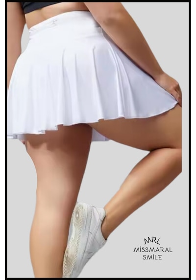 Büyük Beden Etek Içi Şortlu Ekru / Beyaz Yüksek Bel Volanlı Deniz Şortu Skirt With Shorts Curve Ekru / Beyaz
