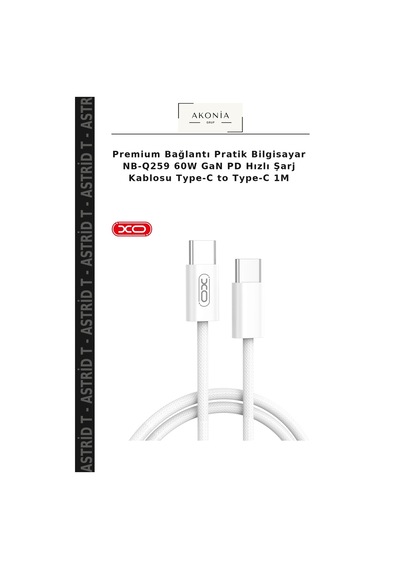 Premium Bağlantı Pratik Bilgisayar Nb-q259 60w Gan Pd Hızlı Şarj Kablosu Type-c To Type-c 1m