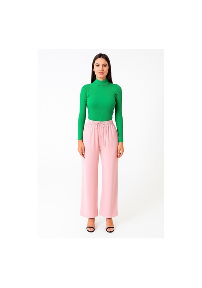 Ribana Classic Kadın Lastikli Yüksek Bel Bol Paça Kumaş Pantolon Toz Pembe