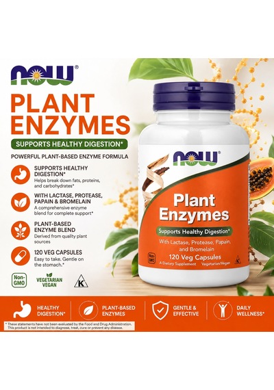 Now Foods Plant Enzymes With Lactase, Protease, Papain, And Bromelain 120 Veg Capsules